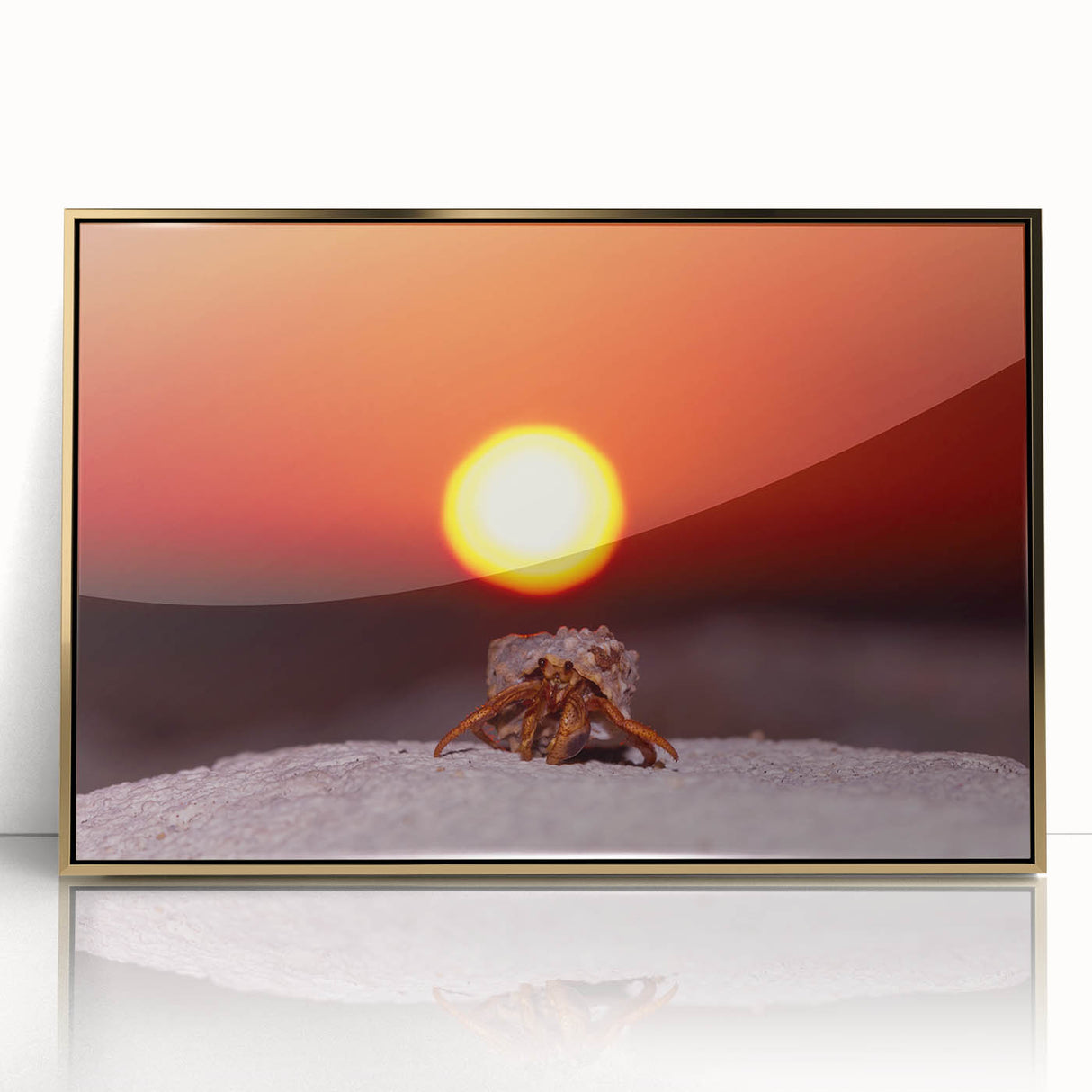Art deco poster featuring a serene Caribbean scenery in pastel shades, framed in gold acrylic.