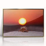 Art deco poster featuring a serene Caribbean scenery in pastel shades, framed in gold acrylic.