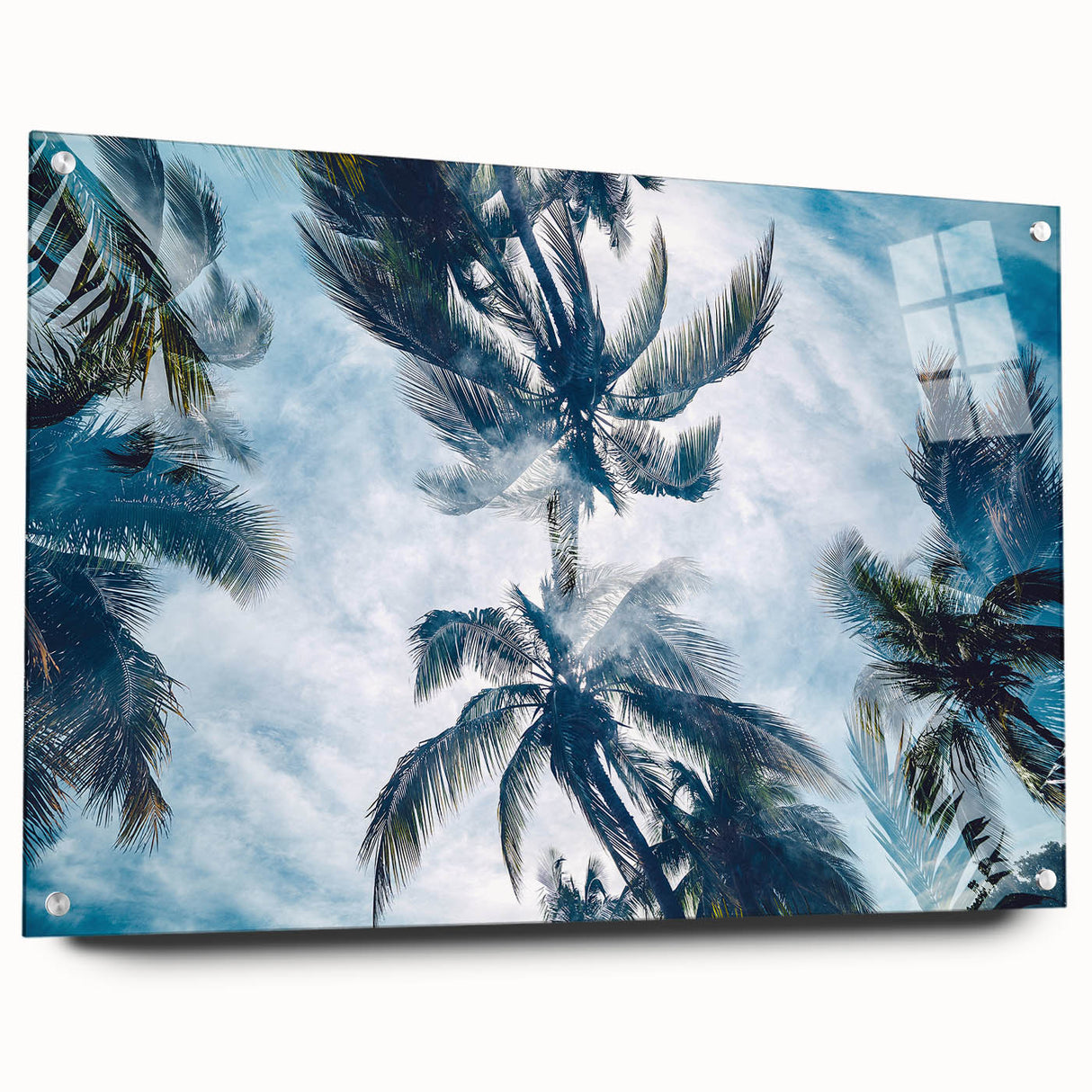 Large abstract wall art depicting a Caribbean scenery in vibrant blue and green tones on acrylic glass.