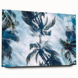 Large abstract wall art depicting a Caribbean scenery in vibrant blue and green tones on acrylic glass.