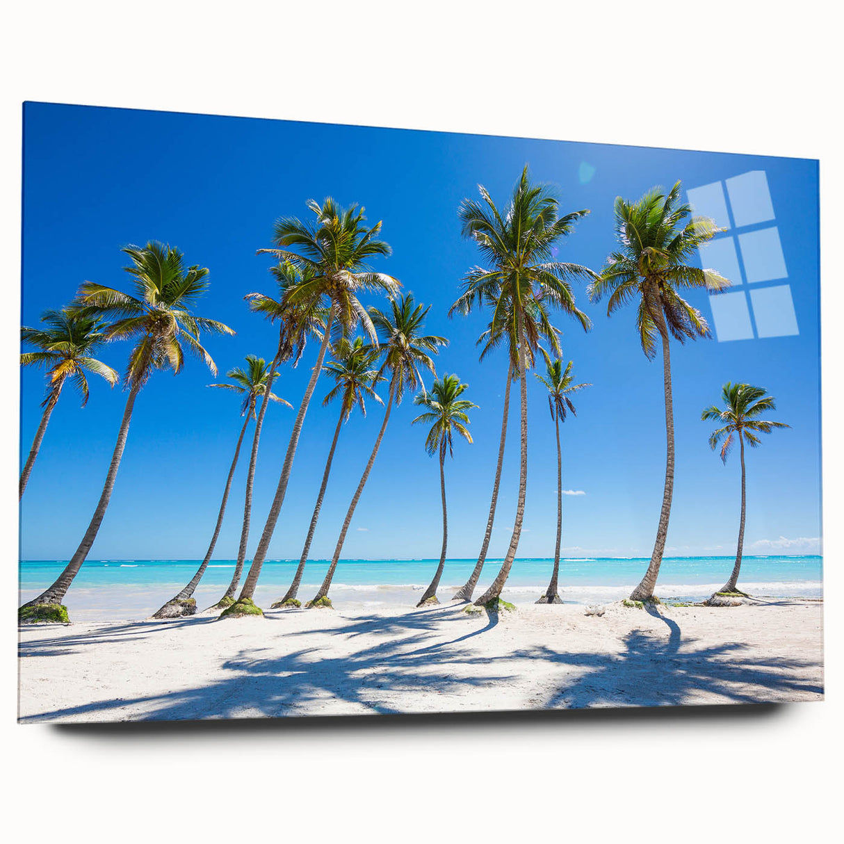 Large abstract wall art depicting a serene Caribbean scene in muted blue and green tones on acrylic glass.