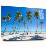 Large abstract wall art depicting a serene Caribbean scene in muted blue and green tones on acrylic glass.