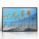 Large abstract wall art of a Caribbean scene in vibrant blues and greens on a framed acrylic.