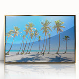 Mid-century modernist art depicting a Caribbean scenery in vibrant colors on a framed acrylic print.