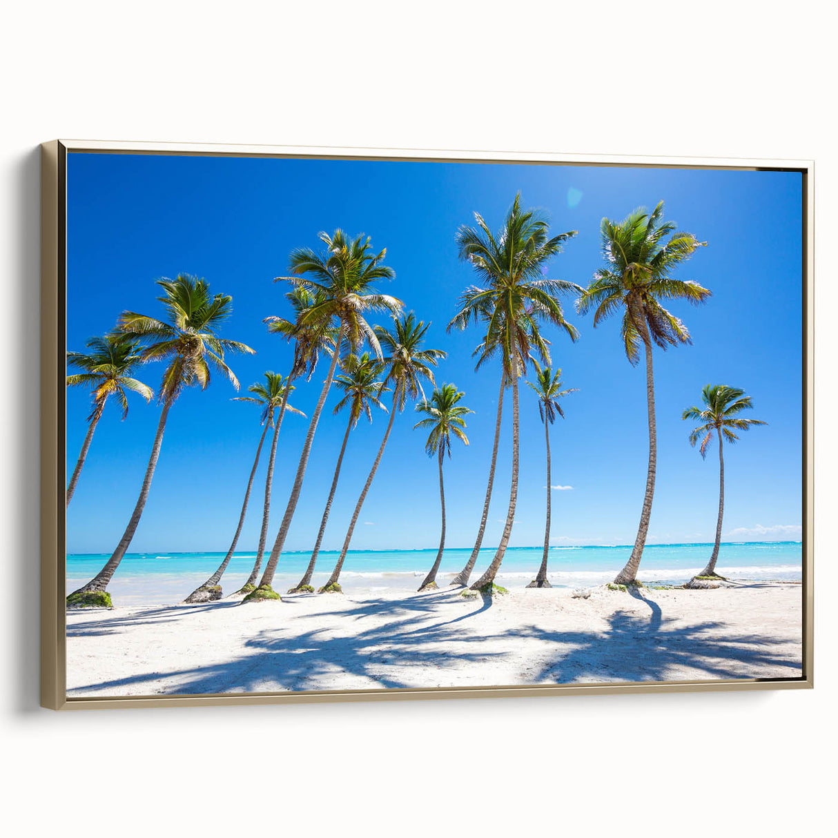Vintage poster art featuring a Caribbean scene on framed canvas, with vibrant colors, perfect for large living room walls.