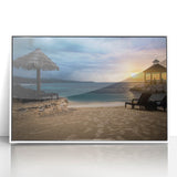 Mid-century modernist art depicting a serene Caribbean landscape in pastel shades on a framed acrylic.