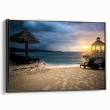 Black and white vintage poster art of a Caribbean landscape on framed canvas, ideal for bedroom wall decor.