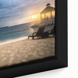 Extra large black wall art featuring a textured Caribbean scenery on framed canvas, with vibrant colors.