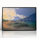 Large abstract wall art depicting a Caribbean scenery in muted blue and green tones on framed acrylic.
