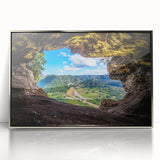 Large art print of a Caribbean beach scene in muted pastel shades, framed in silver acrylic.