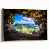 Framed canvas depicting a vintage-style Puerto Rican landscape in muted gold and black tones, ideal for bedroom wall art.
