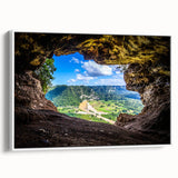 Vintage poster art of a colorful Caribbean scene on a large framed canvas, ideal for living room decor.