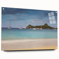 Large abstract wall art of Caribbean Saint Lucia scenery in vibrant blue and green hues on acrylic glass.