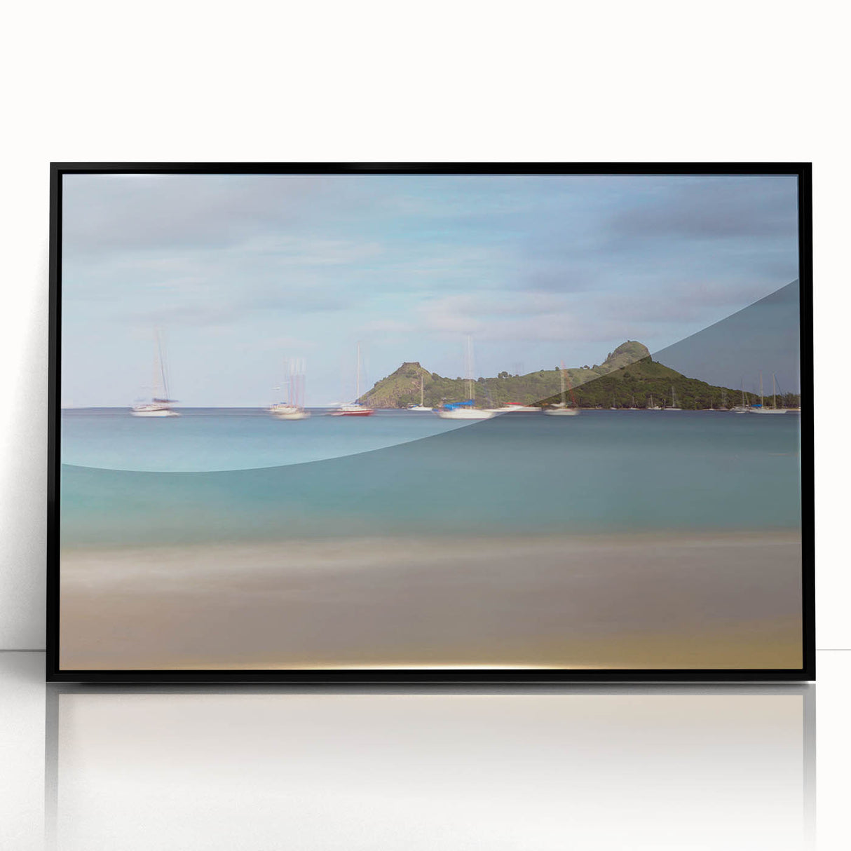 Large abstract wall art depicting a Caribbean scene in muted blues and greens, framed in black acrylic.