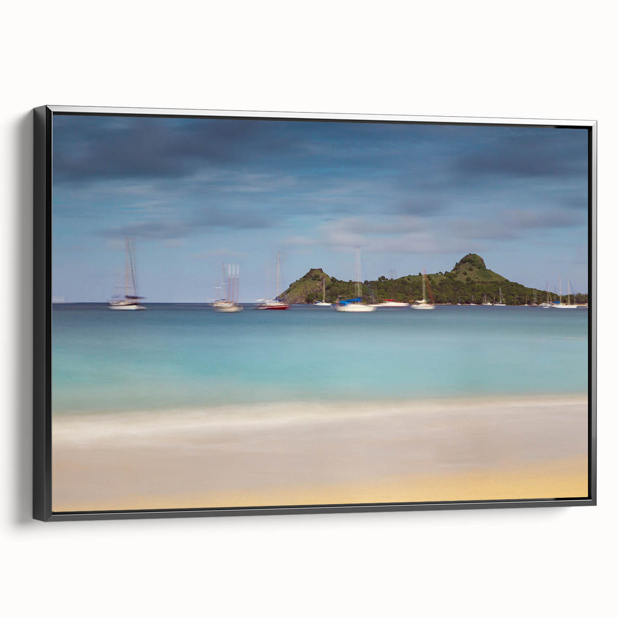 Black and white framed canvas of a vintage Saint Lucia landscape, ideal for bedroom wall decor.