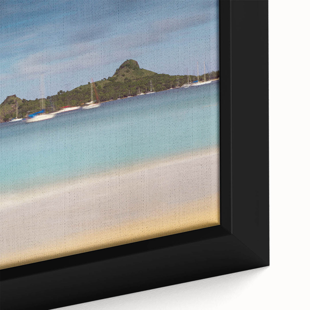 Extra large framed canvas featuring a textured depiction of Saint Lucia with vibrant, colorful art on a black background.