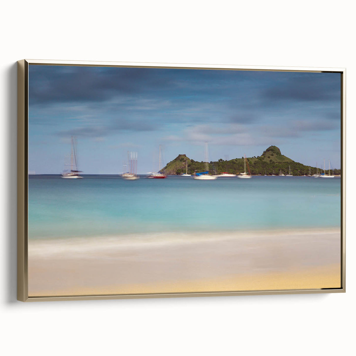 Framed canvas wall art featuring a vintage-style landscape of Saint Lucia with muted gold and black tones.