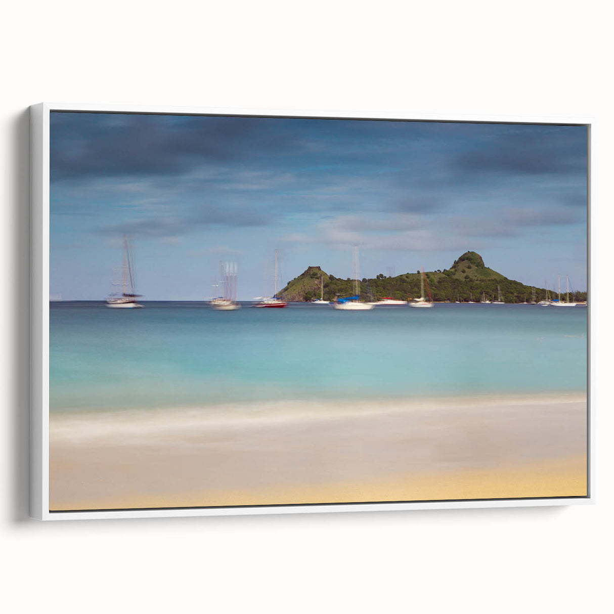 Vintage poster art of Caribbean Saint Lucia on framed canvas, featuring vibrant colors, ideal for living room decor.