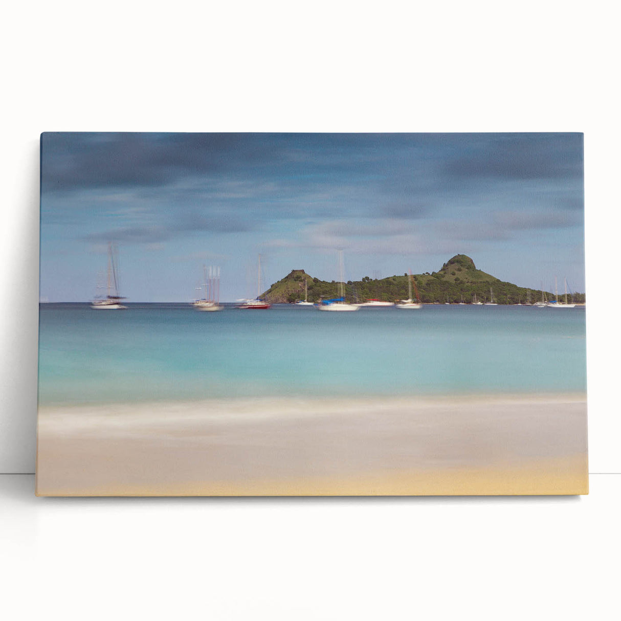 Black and white stretched canvas featuring a panoramic view of Saint Lucia, ideal for kitchen wall art.