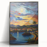 Framed acrylic print of a Caribbean scenery in muted blue and green tones, suitable for modern art wall decor.