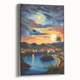 Framed canvas landscape art painting depicting a Caribbean scene with vibrant colors.