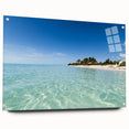 Large abstract wall art of Caribbean scenery on acrylic glass, featuring vibrant blue and green tones.