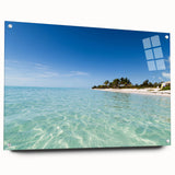 Large abstract wall art of Caribbean scenery on acrylic glass, featuring vibrant blue and green tones.