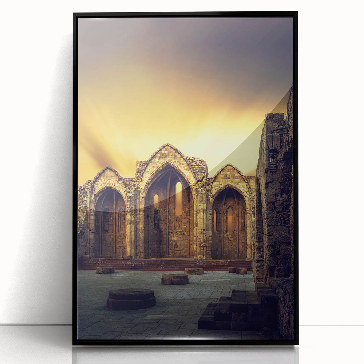 Large abstract wall art depicting the Caribbean Virgin Islands in muted blue and green tones, framed in black acrylic.