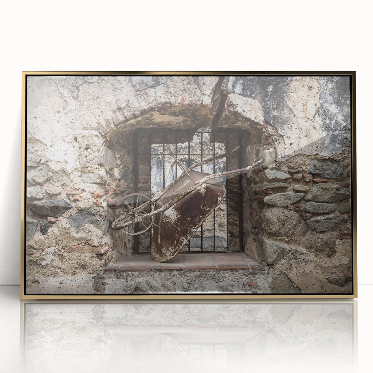 Mid-century modernist art depicting a serene Guatemalan landscape in earth tones on a gold-framed acrylic.