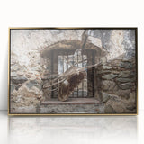 Mid-century modernist art depicting a serene Guatemalan landscape in earth tones on a gold-framed acrylic.