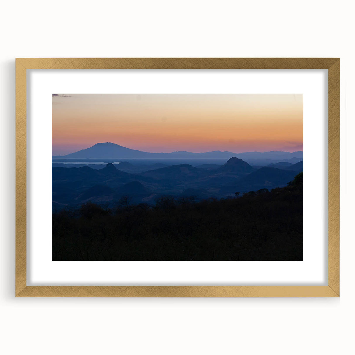 Extra large abstract art print of Central American scenery, in gold frame with mat, using textured vibrant colors.