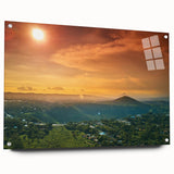 Acrylic print of a large abstract depiction of Nicaragua in vibrant blues and greens, ideal for dining room decor.