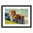 Extra large abstract art print depicting a colorful, textured European scenery on a black framed canvas.