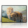 Large abstract wall art depicting a European Albanian scenery in muted earth tones on a black framed acrylic print.