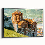 Black and white landscape art painting of Albania on framed canvas, suitable for vintage bedroom decor.