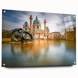Acrylic print of a large abstract landscape depicting European scenery in muted earth tones.