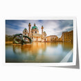 Rolled print of a European landscape with floral elements in soft pastel colors, ideal for art wall dining room.
