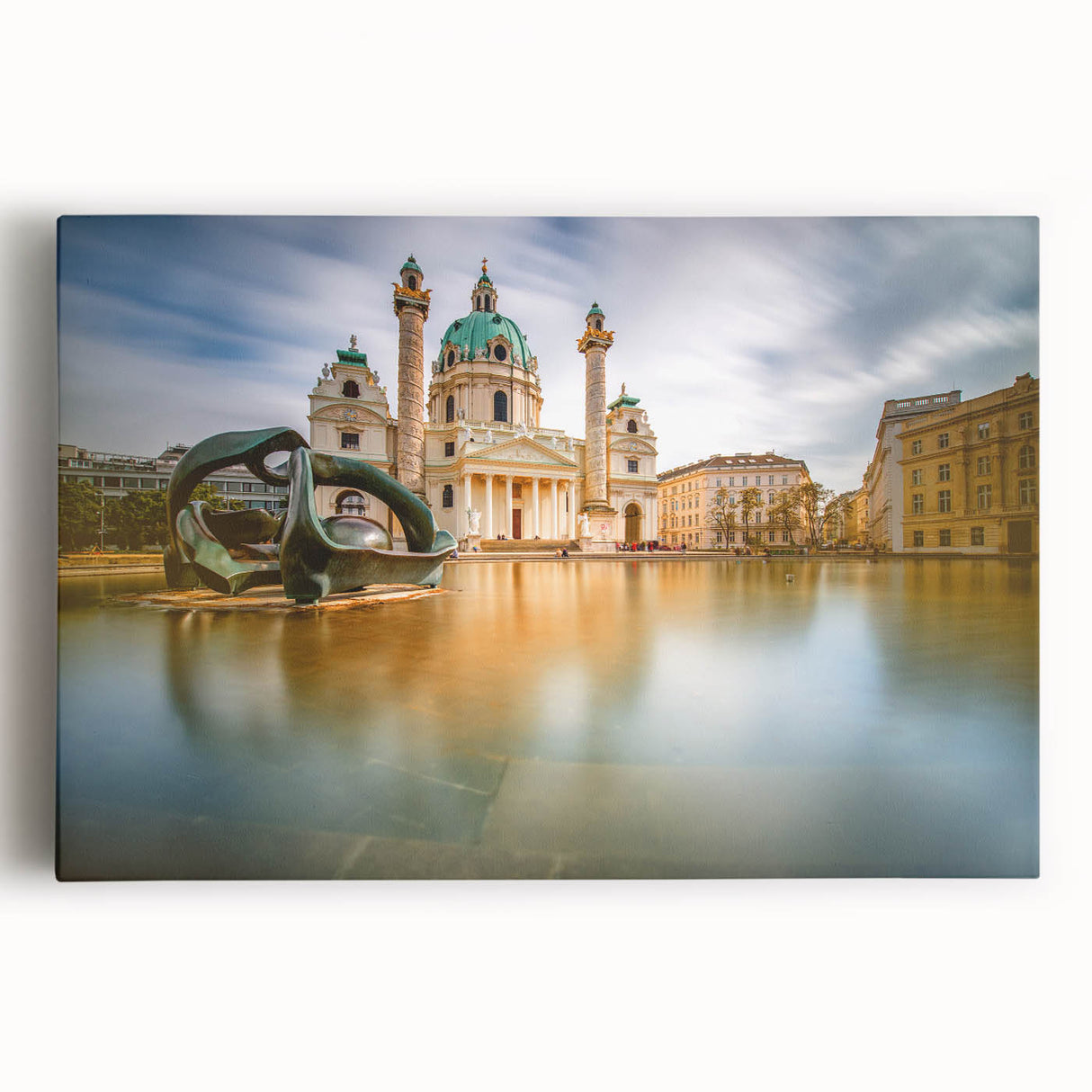 Black and white photograph of a European cityscape on stretched canvas, ideal for kitchen wall art.