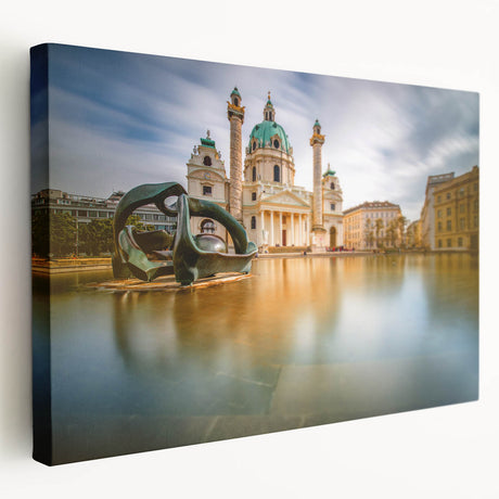 Large art depicting a serene Austrian landscape on stretched canvas, with muted green and blue tones.