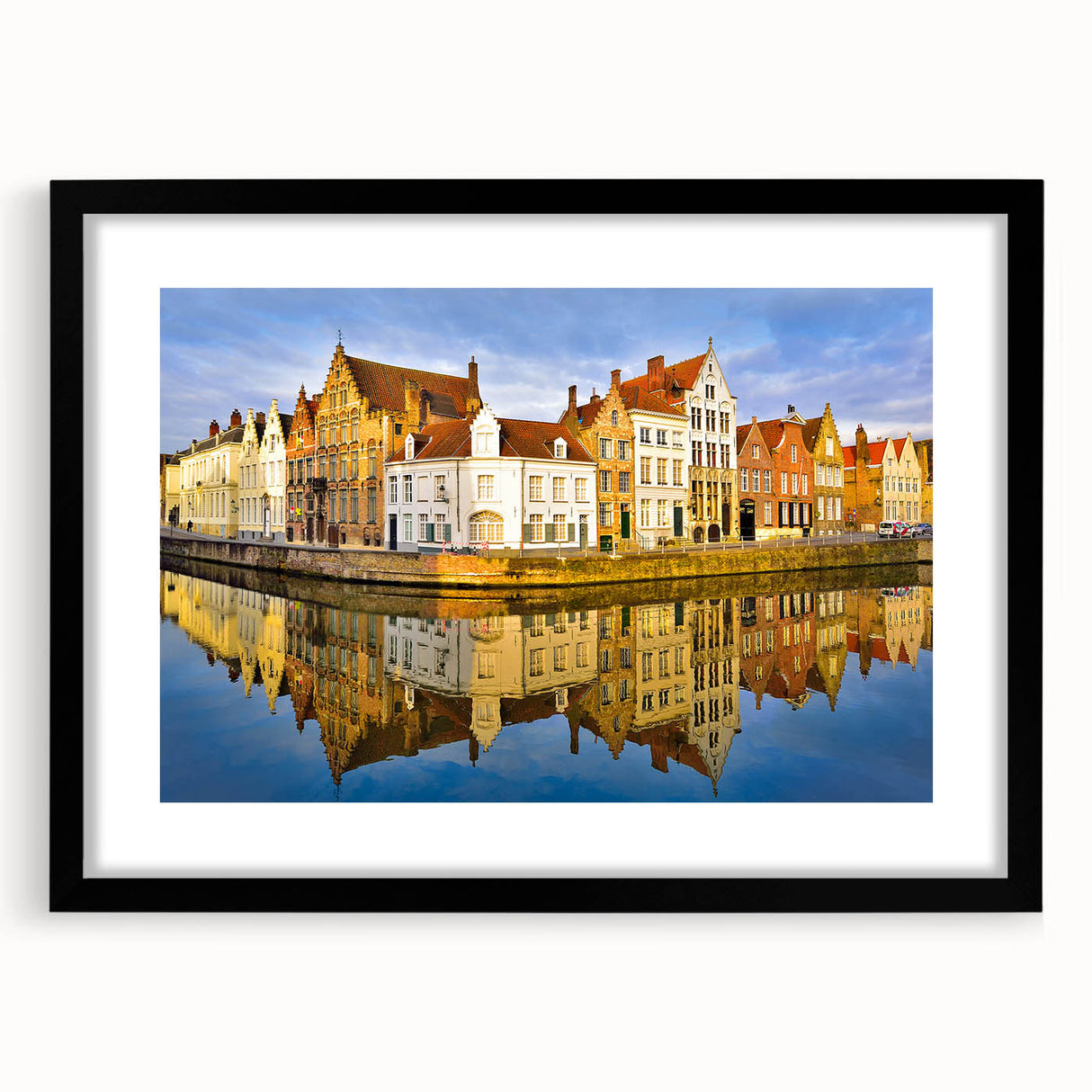 Extra large abstract art print of a colorful European landscape, textured appearance on a black framed mat.