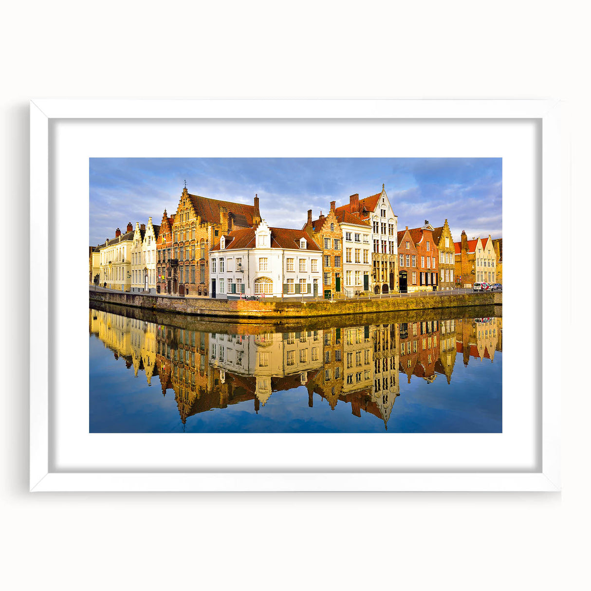 Textured abstract art print of a European scenery in muted earth tones, framed with a white mat, suitable for bedroom decor.