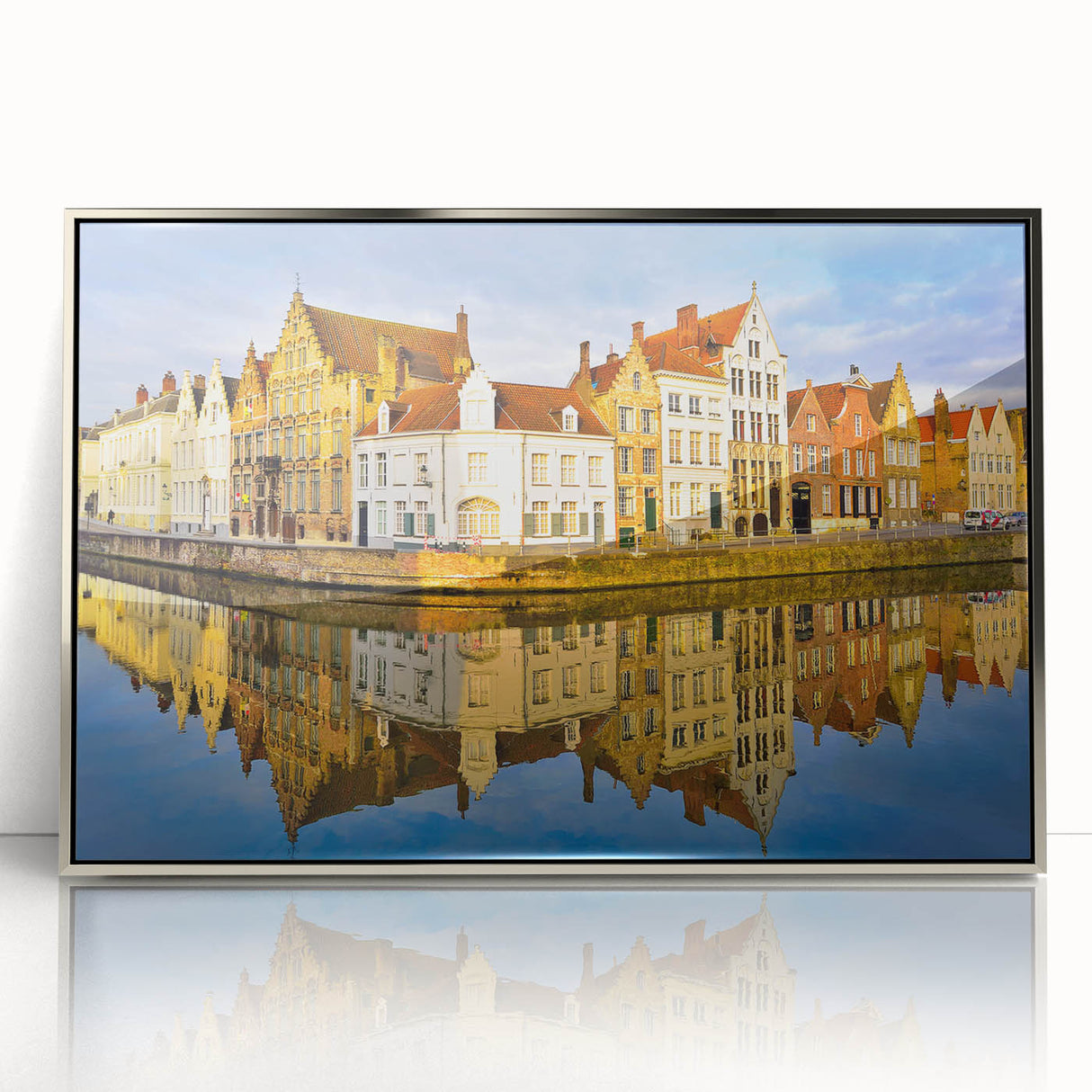 Large art print of a serene Belgian landscape in muted greens and blues, framed in silver acrylic.