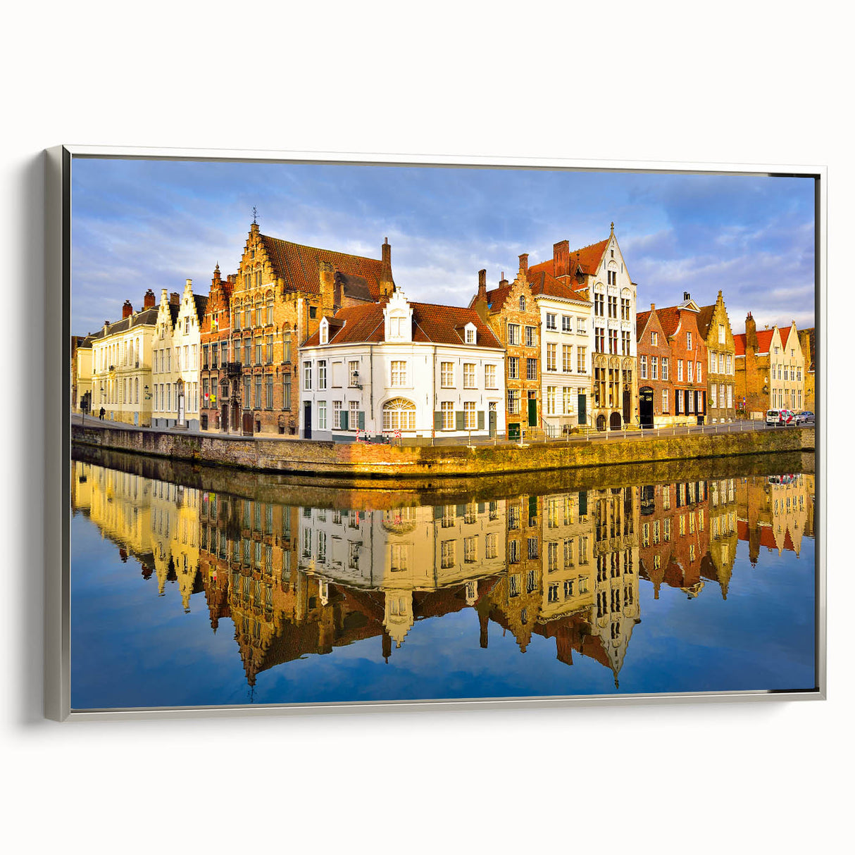 Framed canvas depicting a vintage European landscape with muted colorful hues, ideal for living room decor.