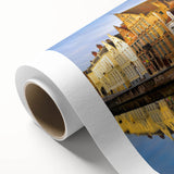 Art deco style poster of a serene Belgian landscape in soft pastel colors, printed on rolled canvas.