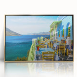 Art deco poster of a European Cyprus landscape in gold tones on framed acrylic.