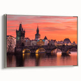 Landscape art painting of Prague featuring colorful art on a black background, framed in silver, ideal for office decor.