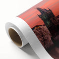 Art deco style poster of Prague skyline in muted earth tones on rolled canvas.