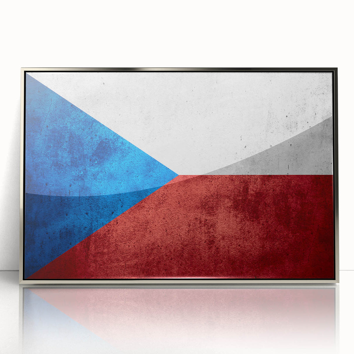 Large art print of a Czech Republic scenery in muted earth tones, framed in silver acrylic.