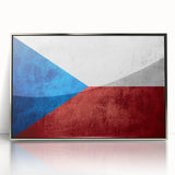 Large art print of a Czech Republic scenery in muted earth tones, framed in silver acrylic.