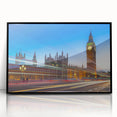 Large abstract wall art featuring the Big Ben with muted gray and blue tones on a framed acrylic.